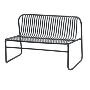 Black modern all-metal slatted garden bench with sled base for commercial outdoor projects.