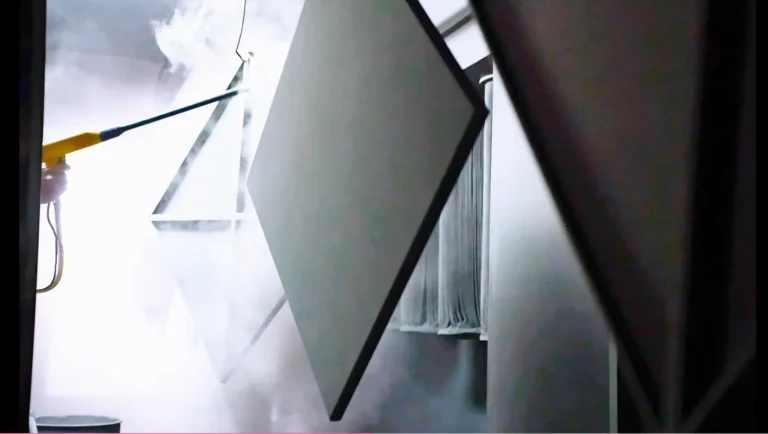 Powder coating applied to suspended outdoor furniture frames