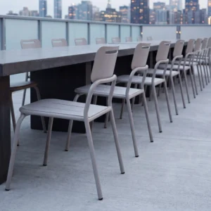 Matte Light Gray Carbon Steel Slotted Drain Seat with Carry Handle Stackable Outdoor Dining Chair