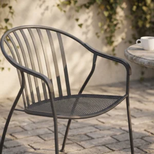 Matte Charcoal Gray Carbon Steel Slatted Back Perforated Mesh Seat Outdoor Dining Armchair