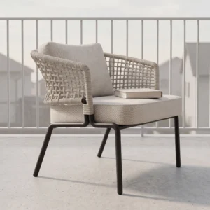 Matte Black Frame Beige Lattice Woven Rope Outdoor Armchair with Removable Cushions